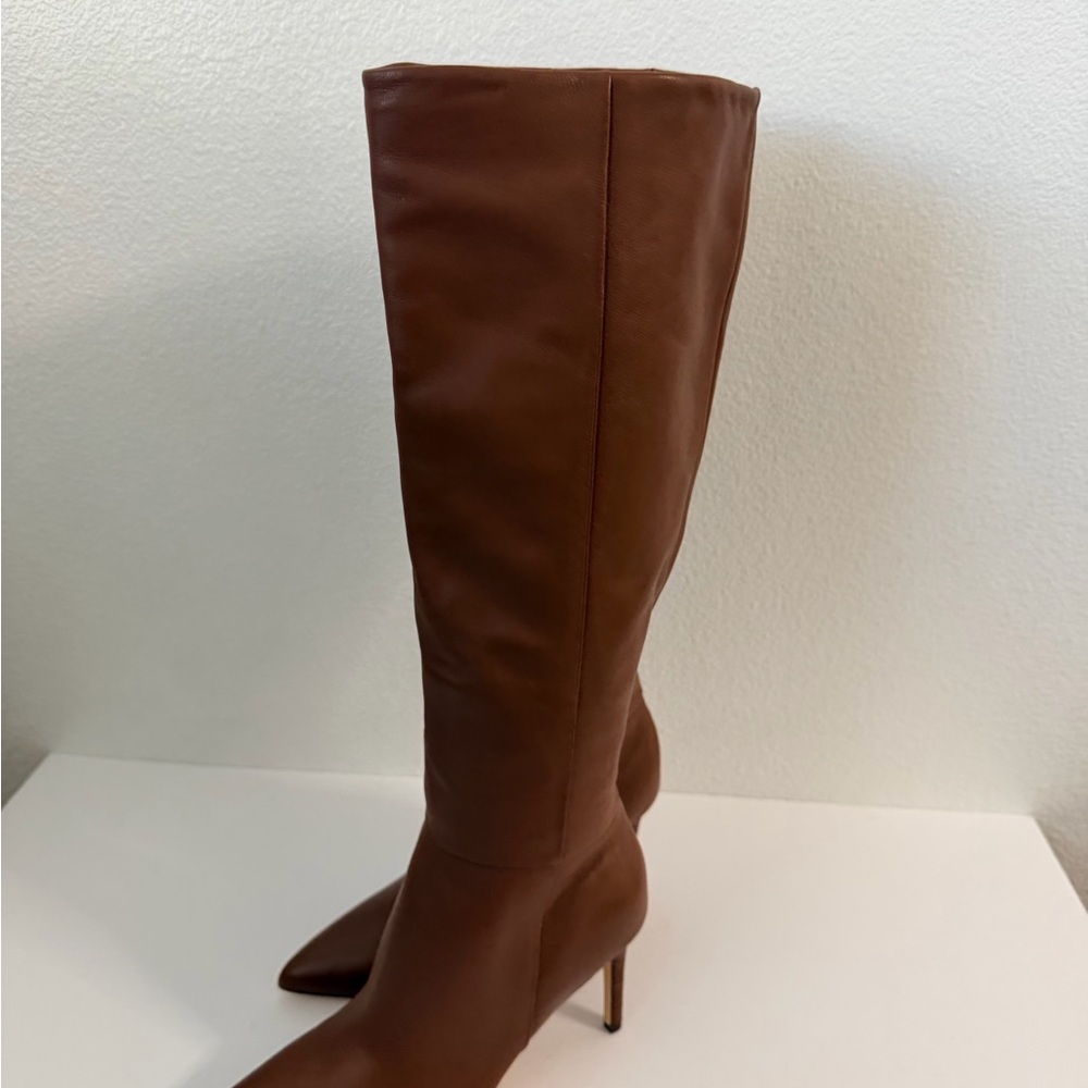 Nine West Women's Richy Knee High Boot Pointed Toe 2.5” Heel Leather Croc Brown - Picture 4 of 9